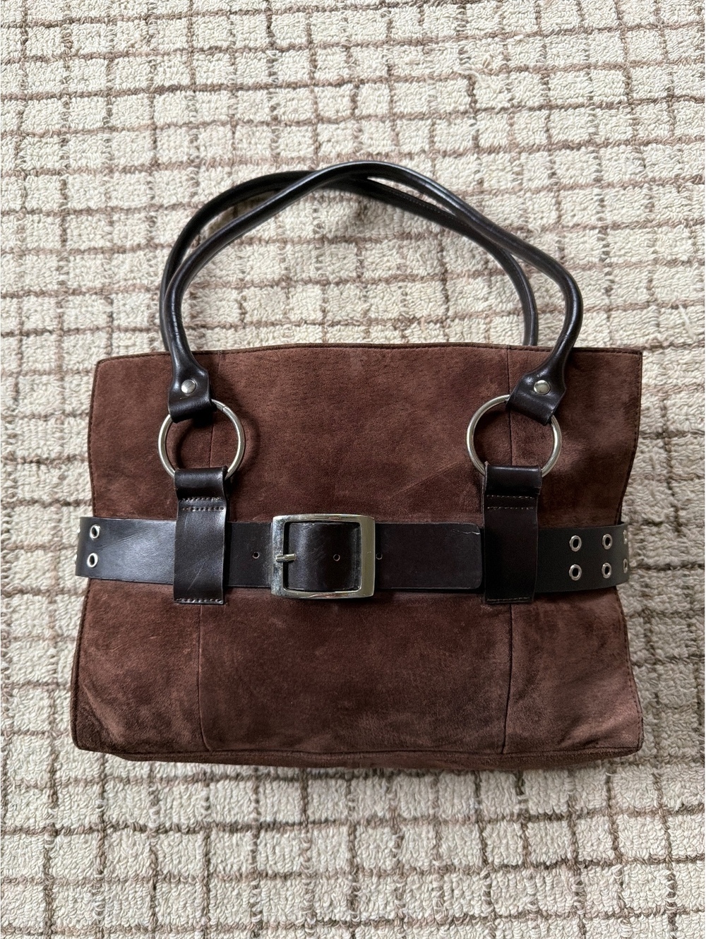 Brown suede Wilson’s Leather shoulder bag, mini tote purse, Y2K 90s minimalist